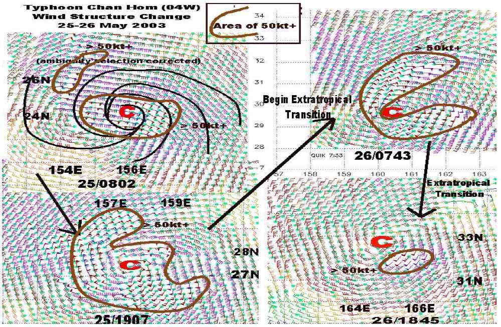 285 그림 1.52 태풍 찬홈 (CHANHOM) 의 ET 과정동안말발굽모양의최대풍영역및해 당시각의마이크로파영상.
