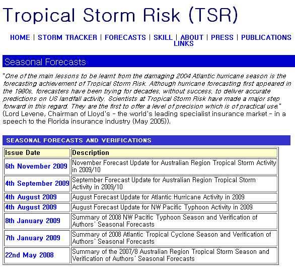 301 그림 1.70 TSR 의태풍계절예측페이지 (http://tropicalstormrisk.com) (6) 태풍의계절예측관련국내연구국내에태풍관련연구분야에있어서연구자대비집중도가높은분야는단연계절예측분야다.