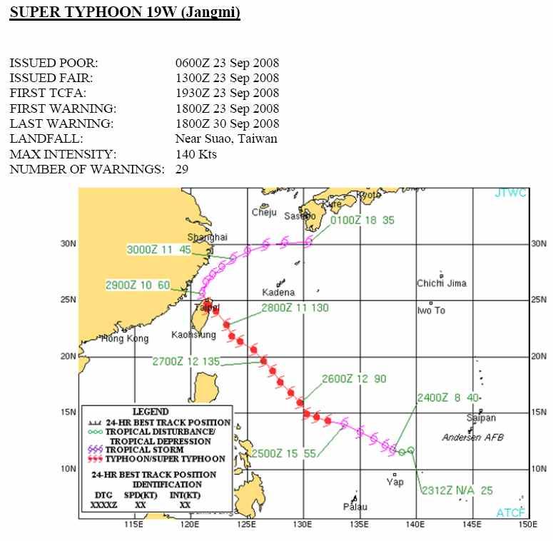 9 JTWC 에서 TCFA 발표시각을포함한 2008 년태풍 장미 (JANGMI) 의경로.