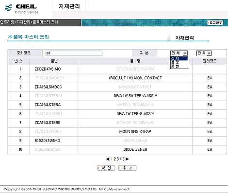 붉은색사각형으로표시된부분에찾고자하는품목에대한일부분의정보라도입력하신후푸른색타원형의확인을클릭하시면입력하신정보와일치되는부분이존재하는모든품목이검색됩니다. 다음그림은조회코드부분 에 ZD라고입력한후나타 난결과입니다.