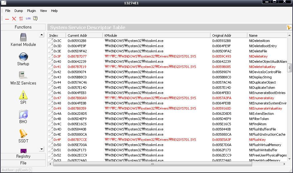 7) SSDT (System Service Descriptor Table) System Service Descriptor 리스트, 당신의시스템의서비스함수를획득하기위하여 kernel