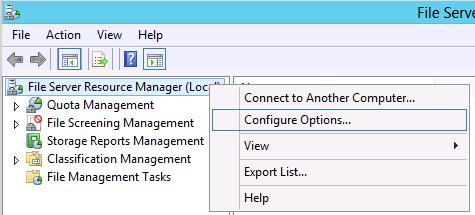 Resource Manager 를클릭합니다. 3. File Server Resource Manager (Local) 를오른쪽마우스클릭한후, Configure Options 를클릭합니다. 4.