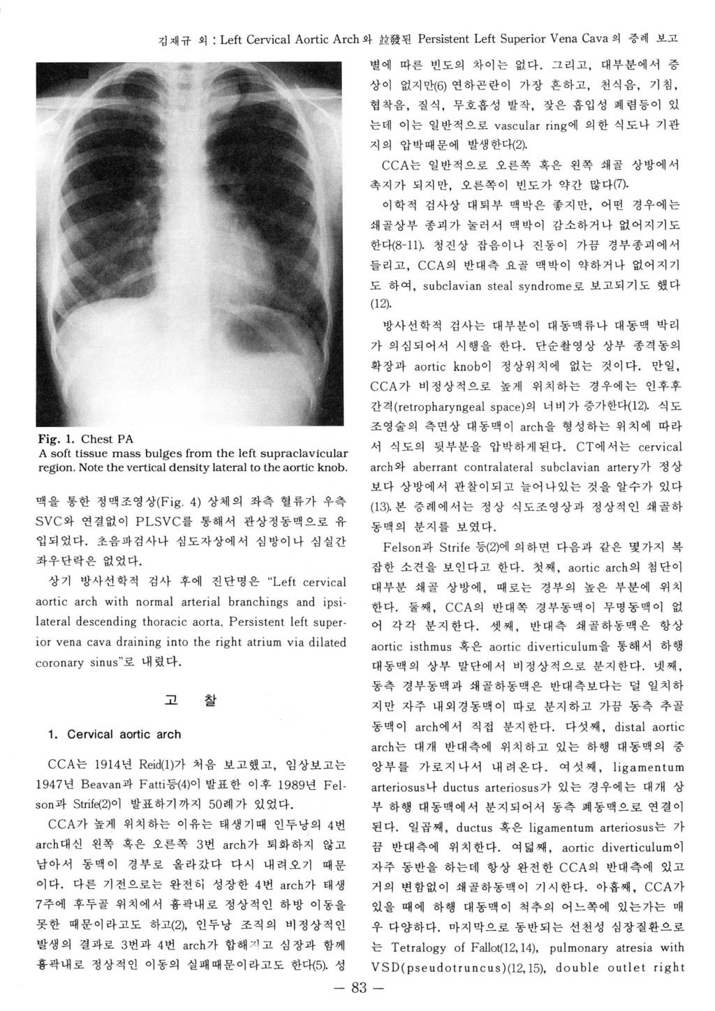 깅재규외 : Left Cervical Aortic Arch 와 tr 發된 Persistent Left Superior Vena Cava 의중려 l 보고 별에따른빈도의차이는없다.