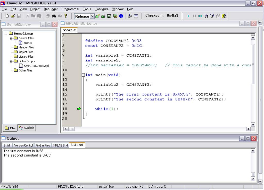 Chapter 2. 마이크로칩개발툴및 C 언어프로그래밍 11. Build All 1 Menu Project Build All 클릭 (Ctrl + F10) 2 Output Window Build 탭에서메시지확인 : BUILD SUCCEEDED 확인 12.