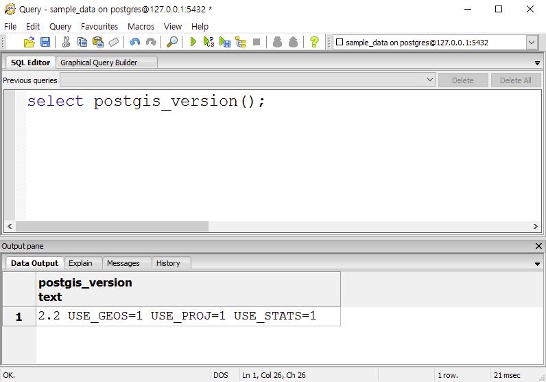 - 44-5. 기능소개 5.1 공간데이터베이스생성하기 (6/7) 정상적으로 PostGIS extension이추가되었는지확인한다.
