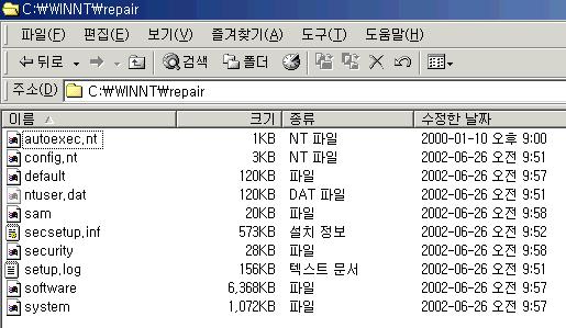 5 장. 응급복구디스크 113 윈도우 2000의응급복구디스크에삽입되는파일은아래와같다. autoexec.nt config.nt setup.log setup.log 파일은컴퓨터에설치된파일정보를갖고있으며, 손상되거나삭제된파일 을윈도우 2000 원본 CDROM 으로부터복구할수있도록해준다. 윈도우 2000 에서 는 autoexec.nt, config.