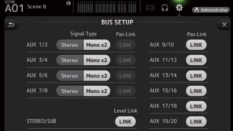 Toolbar BUS 설정화면 버스설정을구성할수있습니다. 스테레오 / 모노, 팬링크등과같은기본설정을변경할수있습니다. 이설정은 Scene 을저장할때포함됩니다. 1 3 2 4 1 AUX1/2 AUX7/8 신호유형버튼 각쌍의버스가처리되는방법을결정합니다.