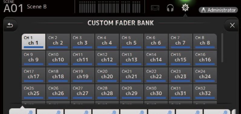 툴바 CUSTOM FADER BANK 화면 사용자정의페이더뱅크를사용하면형식 ( 입력채널, AUX, MATRIX, DCA 그룹등 )