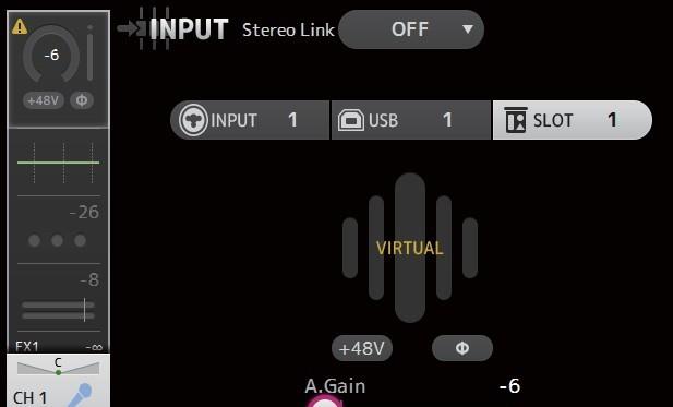 SLOT 을입력소스로선택해도소스가실제로사용가능하지않은경우 (NY64-D 가설치되지않았거나 Tio1608-D 또는스테이지박스가연결되지않았거나단테패칭이없는경우등 ) 이 Virtual HA " 상태가아래화면, 개요화면및 CH VIEW 화면의 HA 상자영역에표시됩니다. 3 GainFinder 입력레벨을표시합니다.