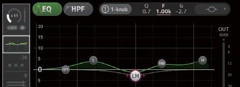 <1-knob EQ 모드 > <Manual 모드 > 1-knob EQ 모드작동 1-knob EQ 모드를사용하면한번에여러파라미터를한번에조정할수있습니다. EQ 조정을빠르고쉽게할수있습니다. 콘솔에는다양한악기용으로구성된프리셋이포함되어있습니다.