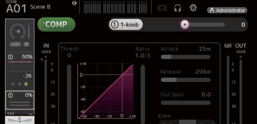 CO MP 화면 각채널에대한컴프레서를구성할수있습니다. 마우스휠을사용하여쉽게설정을조정할수있는 1- 손잡이모드또는각파라미터를개별적으로조정할수있는수동모드를사용하여설정을조정할수있습니다. 1 2 7 8 3 9 12 13 1 COMP 버튼 컴프레서를켜고끕니다. 2 1-knob 버튼 1- knob 모드와수동모드사이를전환합니다.