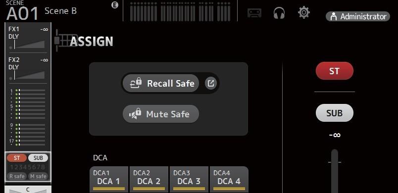 ASSIGN 화면 각채널에대해 recall safe 및음소거안전설정, DCA 그룹할당, SUB 버스로전송된신호등을구성할수있습니다. 1 2 3 4 5 6 1 Recall Safe 버튼 해당채널의 Recall Safe 를켜고끕니다. Recall Safe 버튼오른쪽모서리에있는점프버튼을클릭하여리콜대기화면을표시할수있습니다.