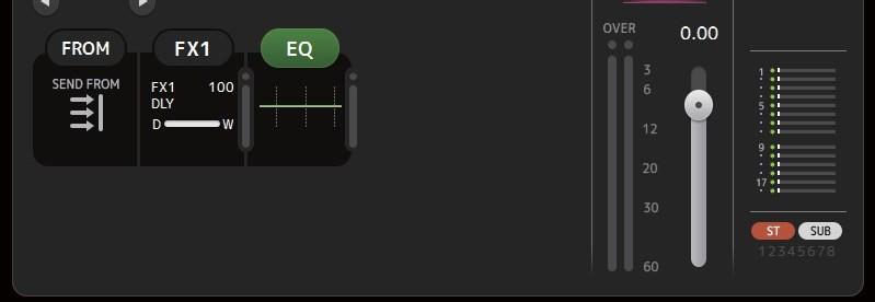4 FROM/FX/EQ 박스 해당기능의구성화면을표시하려면누릅니다. 여기에표시된 EQ 버튼을클릭하여 EQ 를켜고끌수있습니다. FROM box: SEND FROM 화면을표시합니다.( page 73). FX box: EQbox: 5 Channel on/off 버튼 FX 화면을표시합니다. ( page 49). EQ 화면을표시합니다. ( page 42).