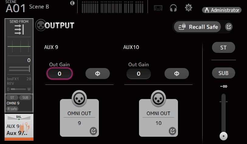 OUTPUT ( 출력 ) 화면 출력채널 (OMNI OUT 1 ~ 16) 로전송된신호를선택할수있습니다. ] 표시되는버튼은선택한출력채널유형에따라다릅니다.