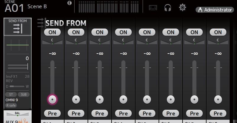 SEND FROM 화면 각채널의신호를보낼수있습니다. ձ ղ ճ մ 1 ON button 신호가해당채널에서보내지는지 (on) 또는보내지않는지 (off) 결정합니다. 2 Send pan slider 전송되는입력채널신호의팬을조정합니다. AUX 1-8 의경우이슬라이더는신호유형이스테레오로설정된경우에만표시됩니다.
