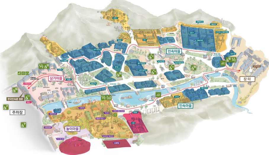 조선시대의촌락으로, 지방별서민가옥 양반가옥을복원해마을을조성함 주요시설 전시및체험시설 ( 민속마을, 전시마을, 놀이마을 ),