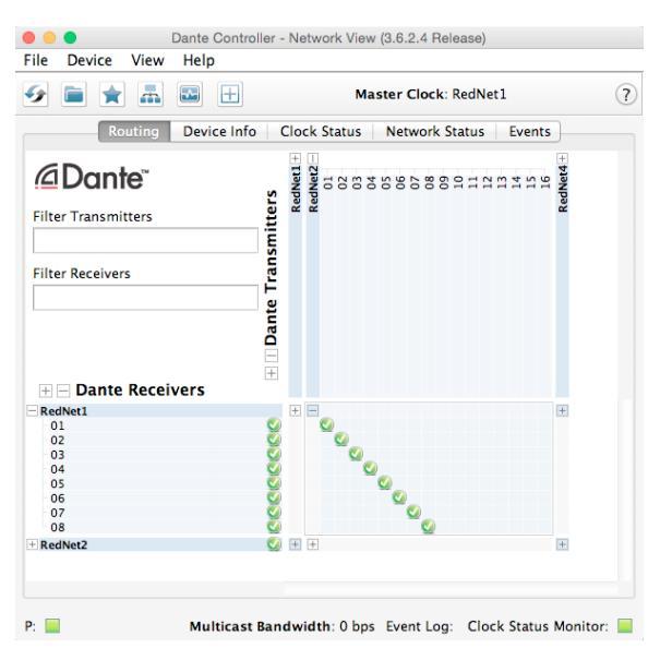 단테컨트롤러윈도우창에는다섯가지탭이있습니다 ; Routing, Device Info, Clock Status, Network Status 그리고 Events 입니다. Routing 에서커스텀오디오로우팅을설정할수있습니다. 라우팅페이지는행렬로배열되어있으며, 오디오입력은수평으로배열되어있고 ( Dante 변환기 ) 오디오아웃풋은수직으로배열되어있습니다.