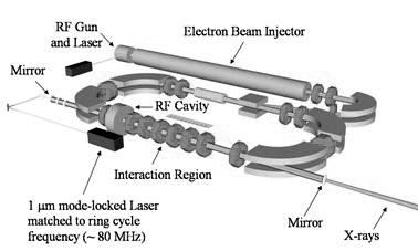 방사광가속기연관산업비즈니스타운조성기본구상 장기 (undulator) 에서 1A 의 X선을발생시키려면 5GeV의전자빔이필요한데, 이전자빔을가두는저장링의지름은 300미터에이른다. 교번자장기대신에 1 마이크로미터파장의레이저를사용하면 1A 의 X선을발생시키는데필요한전자빔의에너지가불과 25MeV로낮아진다.