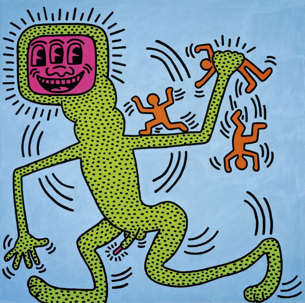 Keith Haring (1958-1990) 1958 년미국펜실베니아에서태어난키스해링은 80 년대뉴욕언더그라운드예술의핵심인물이다. 1990 년에이즈로사망하기전까지그는지하철의검은광고판에하얀분필로그린낙서화로시작하여, 카셀도큐멘타, 상파울로비엔날레, 휘트니비엔날레를비롯, 전세계의공공장소벽화작업을통해대중과호흡했다.