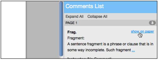 Clicking on the comment list icon opens a scrollable window of all comments or marks placed on the paper within the