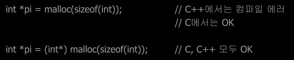 void* 형의형변환 엄격한형검사 (2) C++ 에서 char* 형, int* 형, double* 형등은언제든지 void* 형으로형변환가능하다.