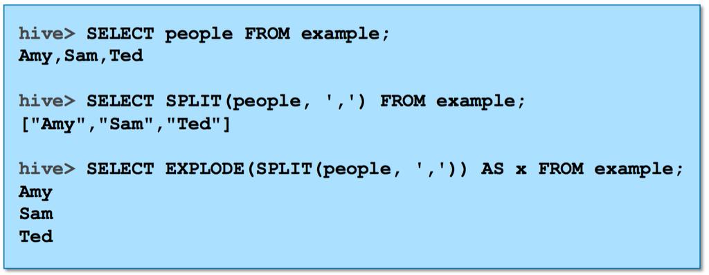 EXPLODE 를사용하여 Array 를 Records 변환 (step #2) EXPLODE 함수는 array 의각 element 마다하나의 record 생성 SPLIT