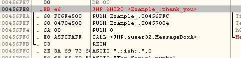 예제 : - 저수준 : 004570AD > /MOV EDX,DWORD PTR DS:[45E5A4] ; Load username string in EDX 004570B3 MOVZX EDX,BYTE PTR DS:[EDX+EBX-1] ; Get letter in position EBX-1 (in each ; loop the pointer is incr by