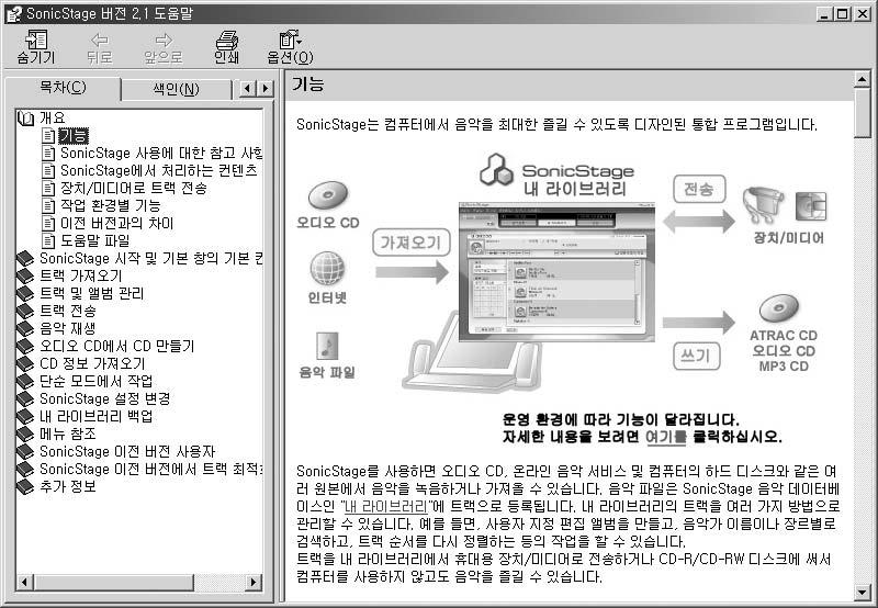 SonicStage 도움말이해 왼쪽프레임 오른쪽프레임 1 왼쪽프레임에서 [ 개요 ] 를클릭하십시오. 2 [ 도움말정보 ] 를클릭하십시오.