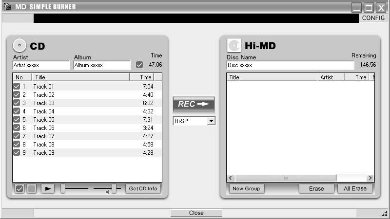 오디오 CD 에서선택한트랙만녹음하기위한창 트랙정보 (CD) 음악가이름 [CONFIG] 여기를클릭하면다음작업을수행할수있습니다. -CD-ROM 드라이브설정 -MD Simple Burner 버전정보보기 -CDDB에등록된 CD 정보확인 선택한 CD 트랙의총시간 [REC/ 앨범제목 STOP] 디스크이름 (MD) 트랙정보 (MD) 트랙이름과번호를변경할수있습니다.