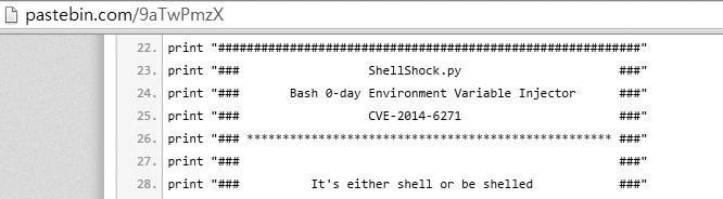 3. 공격프로그램분석 또한그림 [24,25] 와같이 Bash 취약점을악용할수있는다양한공격도구가 SNS, 해커 FOCUS 커뮤니티및 pastebin.com 10 사이트등을통해공개되었다. [ 그림 24] pastebin.