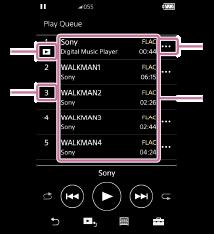 재생대기열화면 Walkman 이현재설정으로재생할트랙의목록을확인할수있습니다. 재생대기열화면을표시하려면 재생화면을오른쪽으로플릭합니다. 1. 현재트랙 2. 재생순서 3. 팝업메뉴아이콘 4. 트랙정보 아티스트이름트랙제목코덱하이레졸루션오디오형식의코덱은컬러로표시됩니다. 길이 옵션 / 설정메뉴 을눌러메뉴를표시합니다.