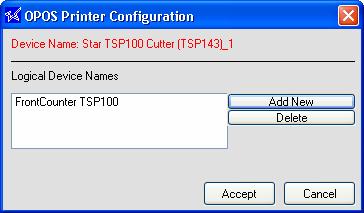 4.6.4. Configure - 구성 Configure 버튼은각디바이스에로컬명칭또는가상명칭을생성하도록해줍니다. 예시로프린터의로컬디바이스명칭이 FrontCounter TSP100 이면이명칭이 OPOS 어플리케이션에서프린터를호출할때사용됩니다. 4.