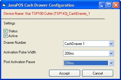 4.7.4. Configure a Cash Drawer Device - 캐쉬드로우디바이스의구성 원하는디바이스가밝게표시된상태에서캐쉬드로우텍스트박스옆의 Configure 를클릭합니다. Status 상태 캐쉬드로우가이를지원할경우 Status 를체크하여강제스위치를모니터링할수있도록합니다.
