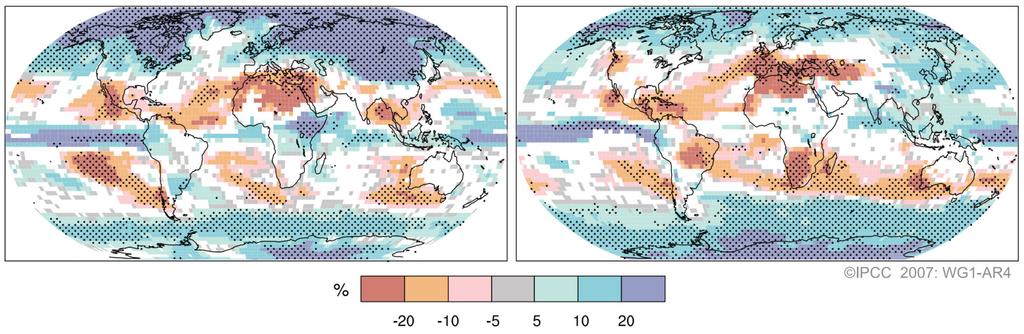 주제 3 기후변화와 시나리오별 장 단기 영향 다중 모델로 전망된 강수량 변화 패턴 그림 3.3. 1980~1999년 대비 2090~2099년 강수의 상대적 변화(%). 값들은 SRES A1B 시나리오에 기초한 12~2월(좌측)과 6~8월(우측)의 다중 모델 평균이다.