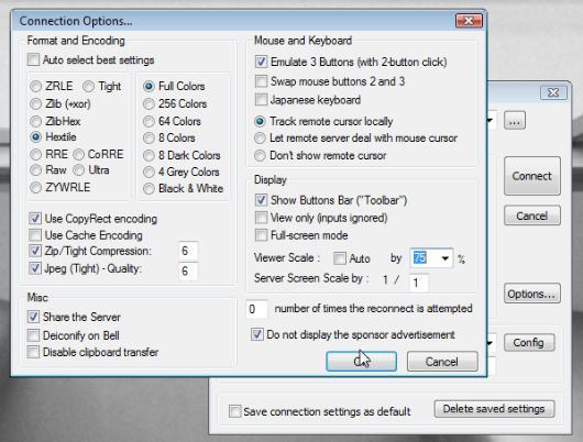 Ultra VNC Configuration Host PC 에서의기본제어옵션을다음과같이설정하여원격제어데이터를비교했습니다.