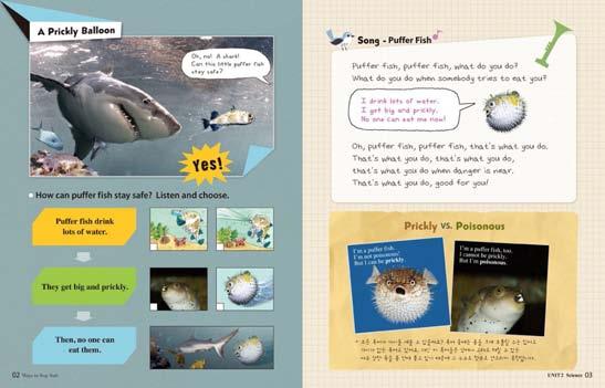 1. 심화책 2 페이지하단에해당표현에맞게체크 (V) 표시를잘해놓았는지확인합니다. Q: How can puffer fish stay safe? 2. 3 페이지하단에서로다른종류의복어가어떤특징을지니고있는지에대해, 학습한표현들을 활용하여간단하게이야기나눠봅니다.