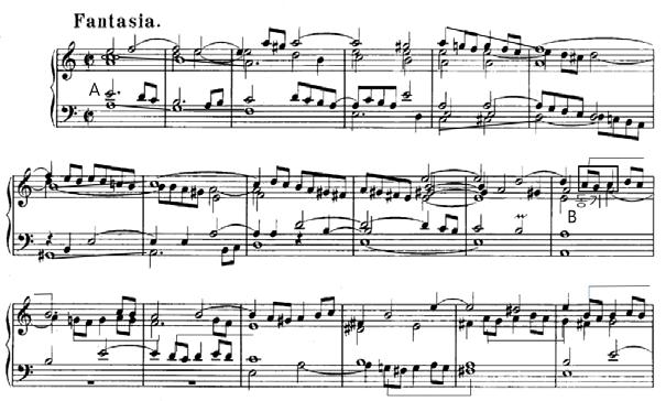 44 이화음악논집 에서변주를일으키는데, BWV 904보다 10여년이상늦게작곡된 BWV 918에서는리프레인 (Refrain) 에해당하는 A에서도변주가계속적으로일어날뿐아니라 A와 B를제외하고는그경계가모호할만큼변주가더두드러진다. 하지만두곡모두이런부분들이모방진행으로되어있어즉흥성에는어느정도한계가있기도하다. 다음은이두곡중 BWV 904의 A와 B부분의일부이다.