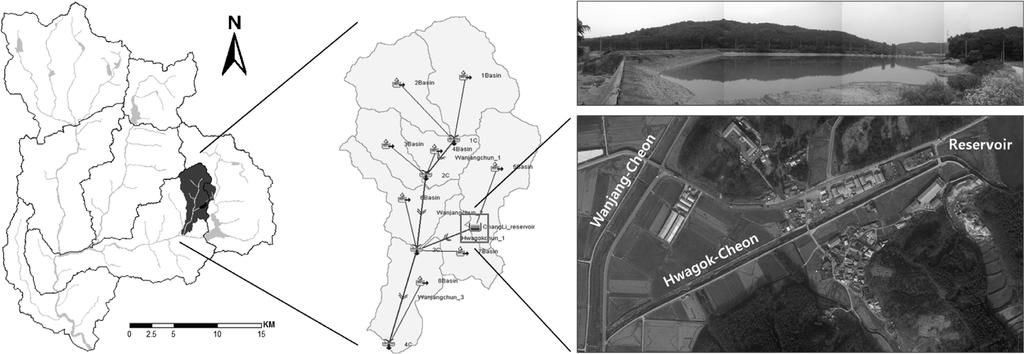 박종윤조형경정인균정관수이주헌강부식윤창진김성준 Fig. 1 Study area: Location of the Wanjang-Cheon Watershed (a), HEC-HMS stream network and subbasins (b), and the Changri reservoir (c) II. 재료및방법 1.