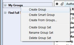 [Custom] Group 만들기 EndNote > Groups > Create Group 또는 Group Panel 의마우스오른쪽메뉴 Create Group 으로생성할수있다. [Custom] Group 지정 Reference Panel 에서 Reference(s) 를선택후마우스오른쪽메뉴의 Add References to 메뉴를클릭하여지정한다.
