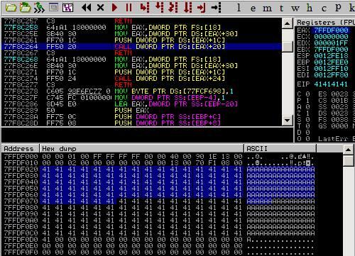 Specific pointer exploitation ( 특정포인터공격 ) 데모 (demonstration) 시연을위해 PEB 전역함수포인터가고정되어있는 Windows XP SP1 환경에서 lookaside 의덩어리를덮어쓰는것을보여줄것이다. 참고로 FastPEBLockRoutine() 함수는 0x7ffdf020 주소에위치한다.