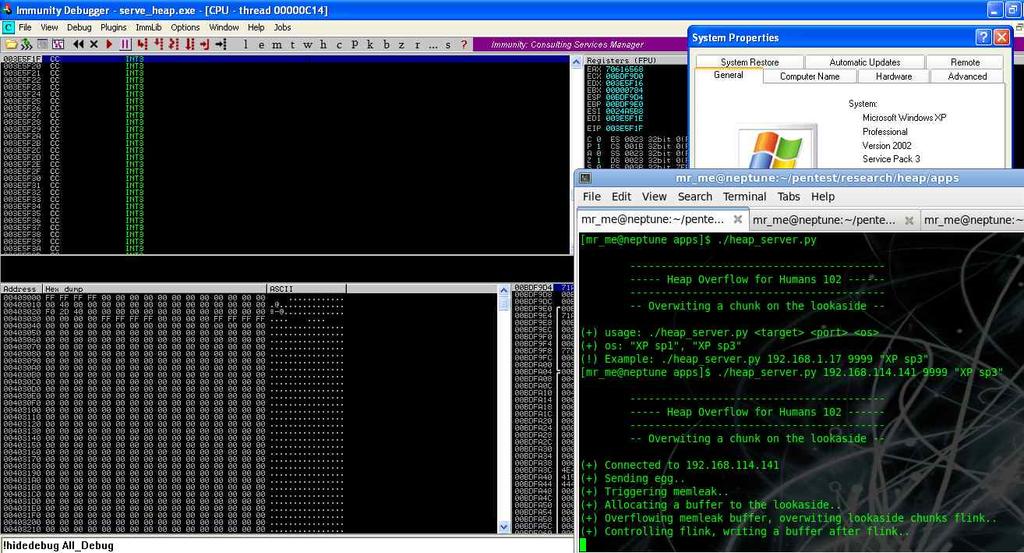 Application specific heap exploitation example 어플리케이션힙공격예제 힙오버플로우, 메모리릭이발생하는취약하게설정된서버바이너리를이전에보여주었다. 기본목표는 lookaside 덩어리를덮어쓰고코드실행을할수있게만드는 PoC 익스플로잇을작성하는것이다.