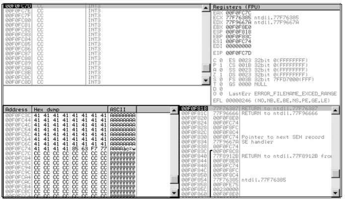5> 리턴어드레스사용하기 - 이제 NTDLL.DLL의 0x77f76385 에 EAX 값을 EIP로옮기는 Opcode 인 call eax가있음을확인했고, Saved Return Address가있는 Stack 까지의거리는 590 ~ 593 byte 임을알고있다. - EAX 값을찾은 OPCODE 주소로바꿔보자 $string = "GET /"; $string.