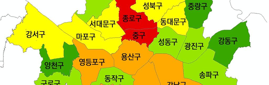 서울은전반적으로교통사고분야에서등급이높지만도심권을중심으로다 소낮은등급을차지하며, 중구가 4 등급으로가장낮음.