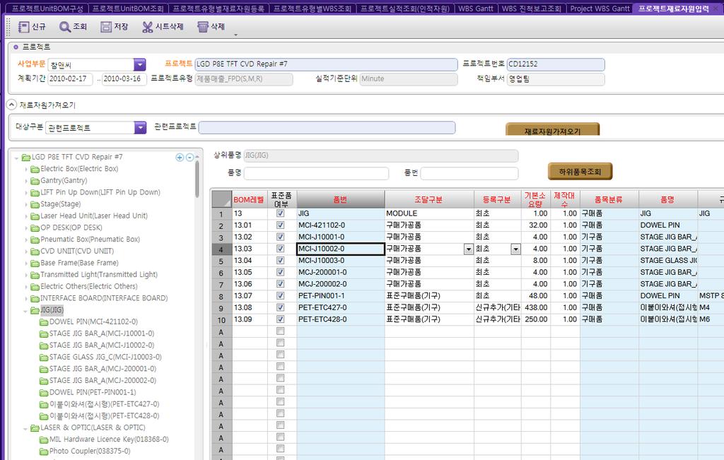 K-System 상세내용 ( 프로젝트 ) - 예시화면 프로젝트 BOM 관리 BOM 레벨 표준품여부 조달구분 품번 품목분류 품명 규격 구매단위 REV 기본소요량 제작대수 여유수량 등록구분입고요청일 1 사내제작 CP1-A01541-0 기구 PALLET DISTRIBUTION FRAME ASSY EA 1 1 최초BOM 2011-04-23 1.