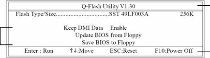 한국어 Italiano Q-Flash TM 유틸리티화면탐색하기 Q-FlashBIOS 유틸리티화면은키들로구성되어있습니다. Q-Flash 유틸리티작업메뉴 Q-Flash 유틸리티표시줄 동작표시줄 Q-Flash 유틸리티작업메뉴 : 3 개의작업명칭으로구성되어있습니다. 작업하려는항목을선택하고키보드에서 Enter 키를누르면작업을실행합니다.