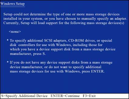 1 단계 : Windows 2000/XP 설치디스크에서부팅해서시스템을재시작하고, "3rd party SCSI 혹은 RAID 드라이브를설치할필요가있으면 F6 를누르시오 라는메세지 ( 그림 13)