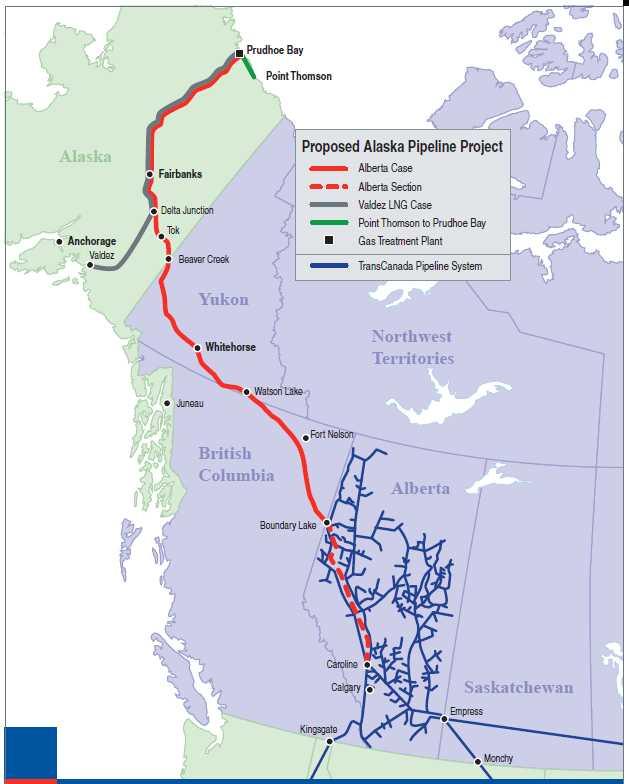 스카주정부로부터동사업의허가를받았으며, 12) 연방정부의승인만남겨놓은상태이다. Prudhoe Bay에서캐나다앨버타주까지알래스카지역구간길이는 1,182km, 캐나다구간길이는 1,555km이다. 수송능력은 4.5bcf/d이다. [ 그림 2-9] Alaska Gas Pipeline 사업 자료 : TransCanada 홈페이지 (www.transcanada.