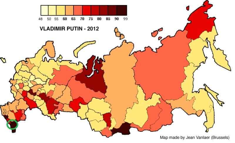 < 그림 > 2012 년대선에서의블라디미르푸틴지지율분포도 ( 녹색원이체첸공화국 ) 21) < 표 > 2011 년러시아연방국가두마의원선거득표율 ( 체첸공화국 ) 22) 정당득표율 ( 체첸공화국 ) 러시아평균득표율 통합러시아 (ЕДИНАЯ РОССИЯ) 러시아연방공산당 (КПРФ) 정의러시아 (СПРАВЕДЛИВАЯ РОССИЯ) 러시아자유민주당 (ЛДПР)