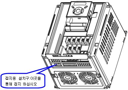 2 설치및배선 경고 입력전압규격이 200V 급인인버터는접지저항 100Ω 이하의 3 종접지를하십시오. 입력전압규격이 400V 급인인버터는접지저항 10Ω 이하의특 3 종접지를하십시오. 인버터의접지는전용접지단자에하십시오. 덮개나고정용나사를접지단자로사용하지마십시오. 그림 2-5 접지용설치구위치 알아두기 접지공사순서 1. 전면덮개를제거하십시오. 2. 접지용전선을접지용설치구를통해접지단에결합하십시오.