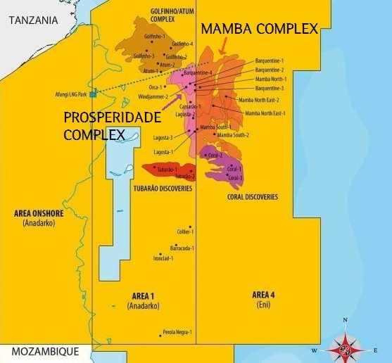 Anadarko-Eni, 모잠비크해상광구 Area 1, 4 개발계획에합의 지난 6월모잠비크해상 Rovuma 분지 Area 1과 4의통합에합의하고세부사항에대하여논의해왔던 Anadarko 와 Eni가공동개발계획에대해합의하였다고지난 12월 3일발표하였음 ( 인사이트제15-22 호 (2015.6.12 일자 ) pp.61~62 참조 ).